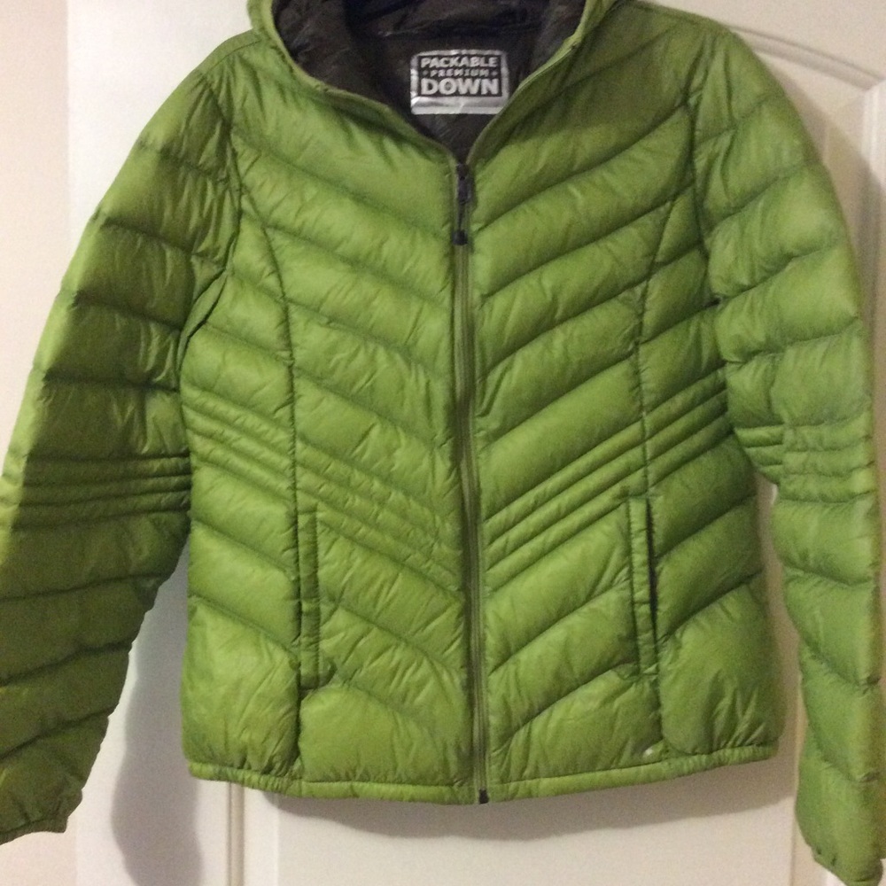 Green and brown packable down jacket